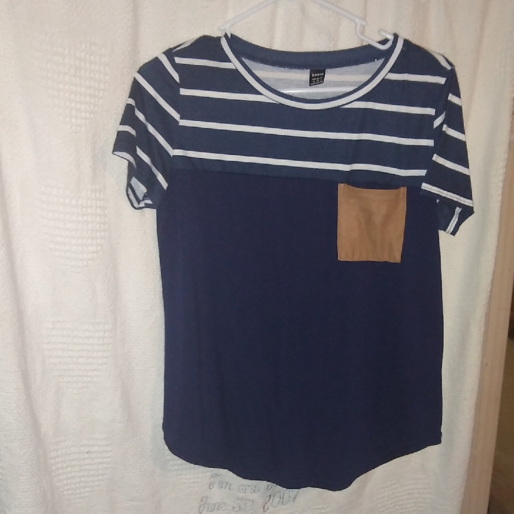Striped Navy and Tan Suede Pocket T-Shirt
